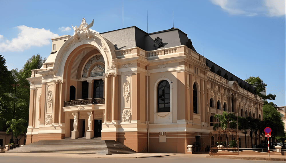 The Ho Chi Minh City Opera House glows beautifully at night, showcasing its French colonial architecture with intricate carvings and a grand arched entrance in the heart of Saigon (Source: Fanpage Nhà hát Thành phố)